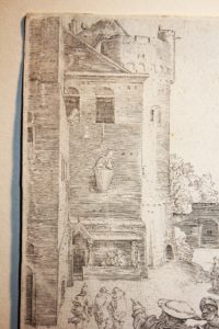 Read more about the article Virgilio nella cesta , una storia di beffa e vendetta Da un incisione al bulino di L. Van Leyden 1525