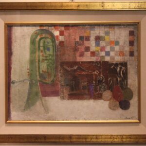 Bruno Saetti (Bologna, 1902 – 1984)  Affresco su tela | Composizione con tromba, frutta e scacchi